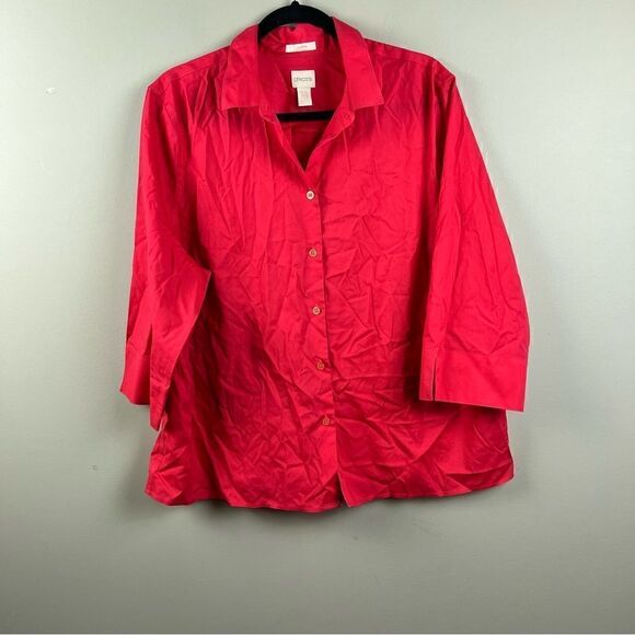 Chico’s no iron 3/4 sleeve fuchsia pink pleated boxy swing button down 3.5 18 XL - Picture 2 of 11